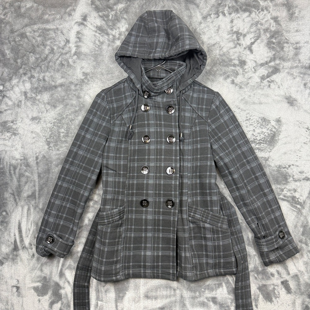 Sebby Pea Coat Womens Small Gray Plaid Hooded Double Breasted Belted Jacket